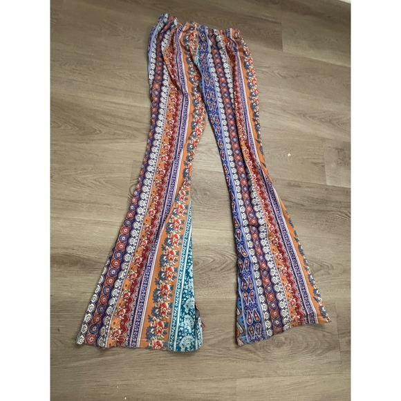 Pants - Boho Floral Paisley Flare Pants Multi Color Bell Bottom Stretch Trousers L